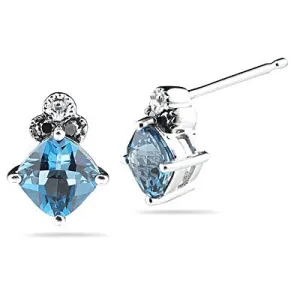 0.03 Ct Black Diamond & 1.22 Cts Swiss Blue Topaz Earrings in 14K White Gold