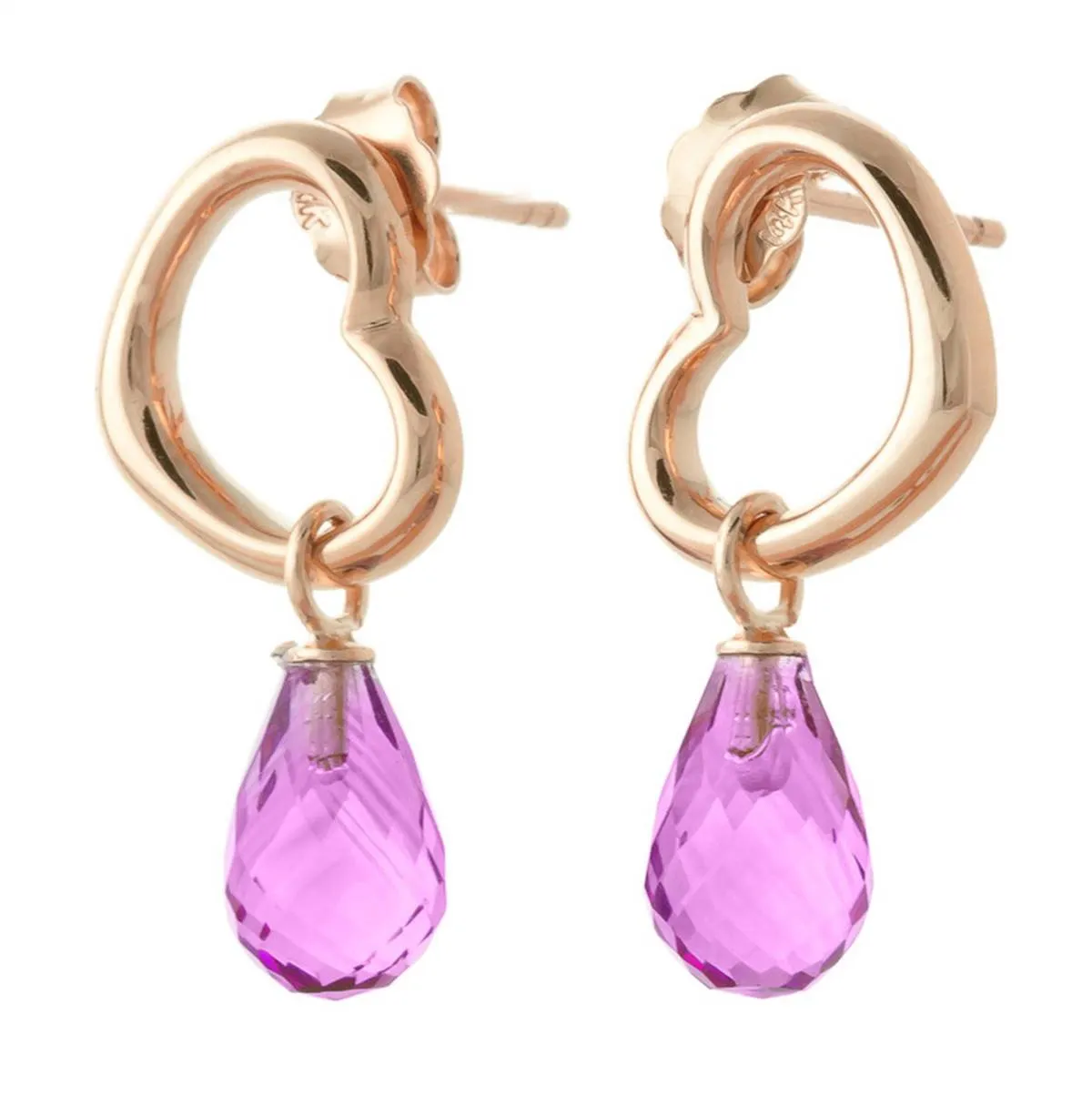 14K Solid Rose Gold Heart Earrings w/ Dangling Natural Pink Topaz