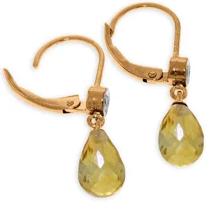 14K Solid Rose Gold Leverback Earrings Diamond & Citrine Gemstone