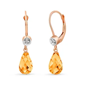 14K Solid Rose Gold Leverback Earrings Diamond & Citrine Gemstone