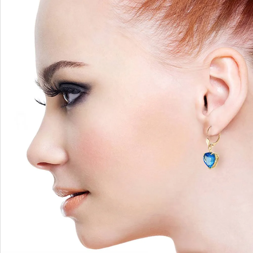 14K Solid Yellow Gold Leverback Earrings Natural 10mm Heart Blue Topaz