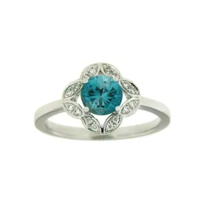 14k White Gold Blue Zircon and Diamond Ring