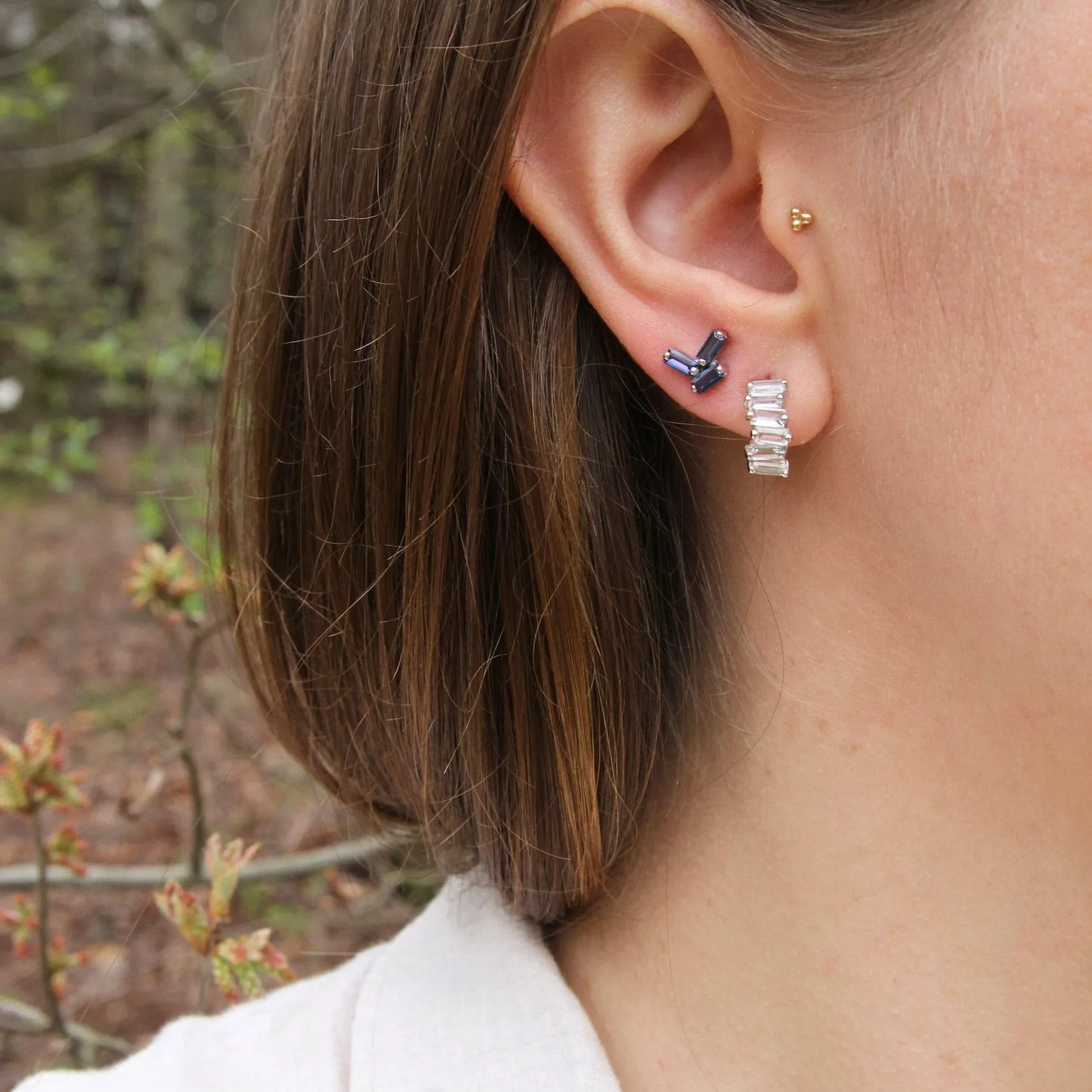 14k White Gold English Blue Topaz Scattered Baguette Earrings