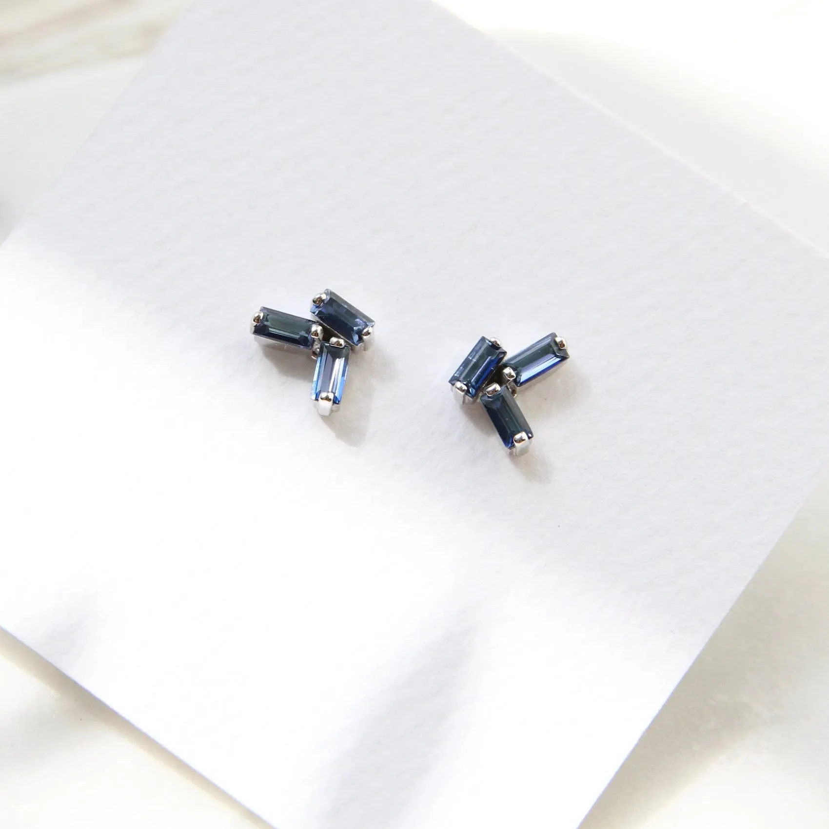14k White Gold English Blue Topaz Scattered Baguette Earrings