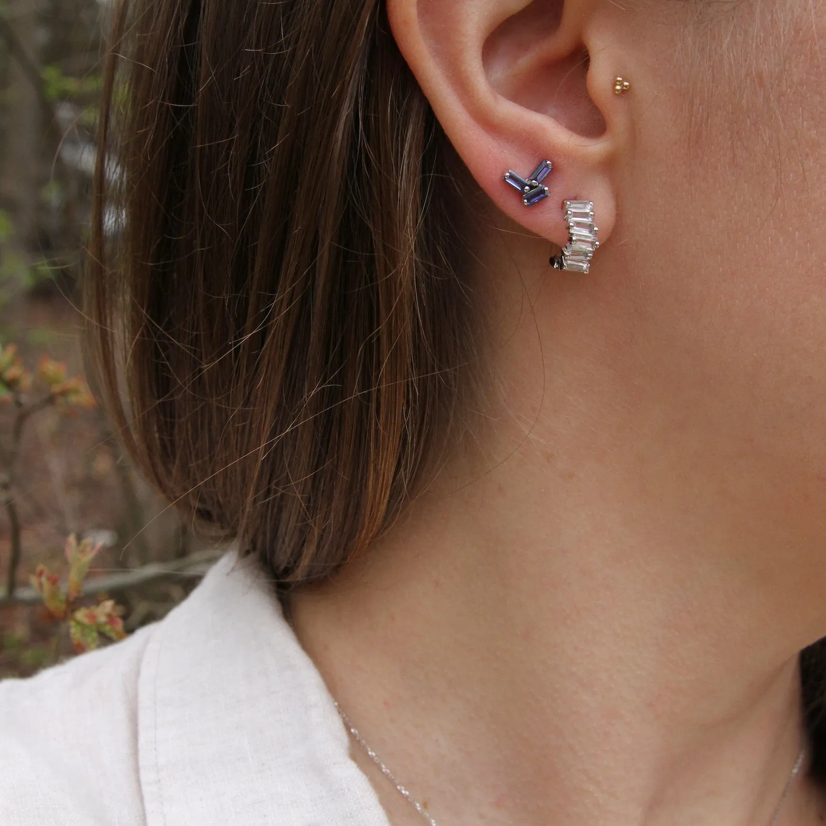 14k White Gold English Blue Topaz Scattered Baguette Earrings