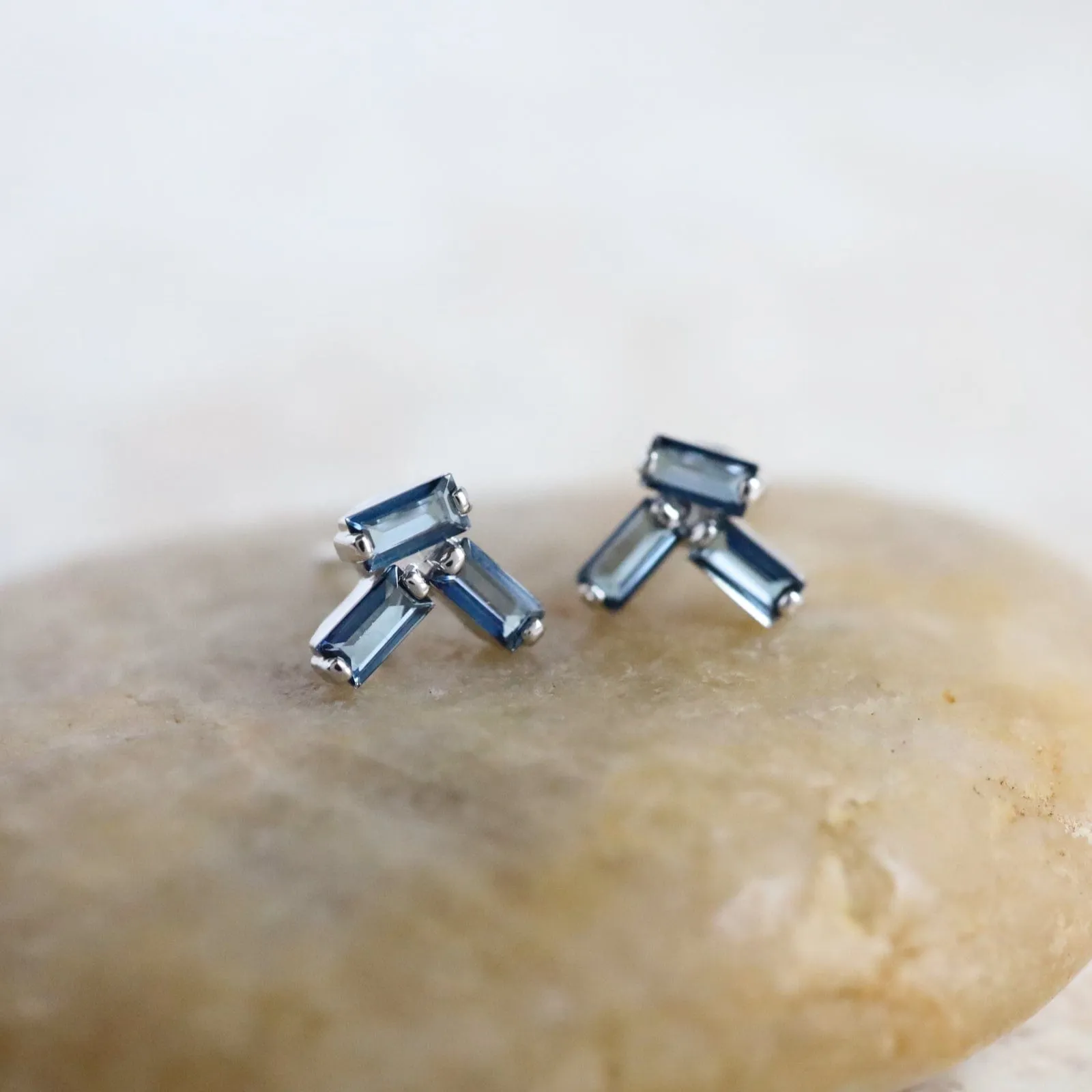 14k White Gold English Blue Topaz Scattered Baguette Earrings