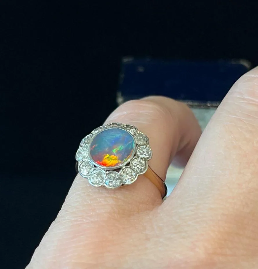 1920s Opal and Diamond Round Cluster Ring