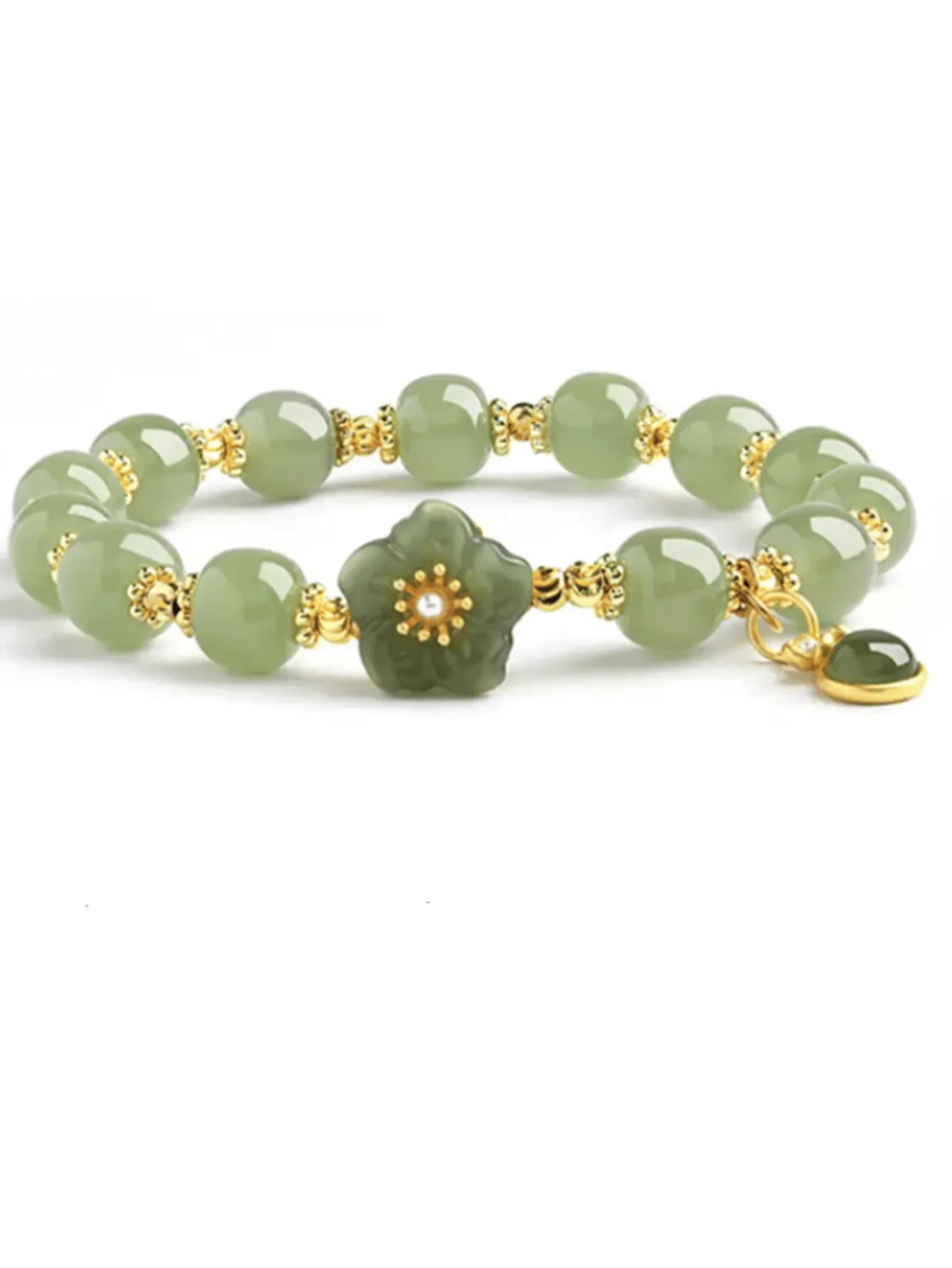1pc Exquisite Floral Faux Jade Beaded Bracelet With Small Pendant