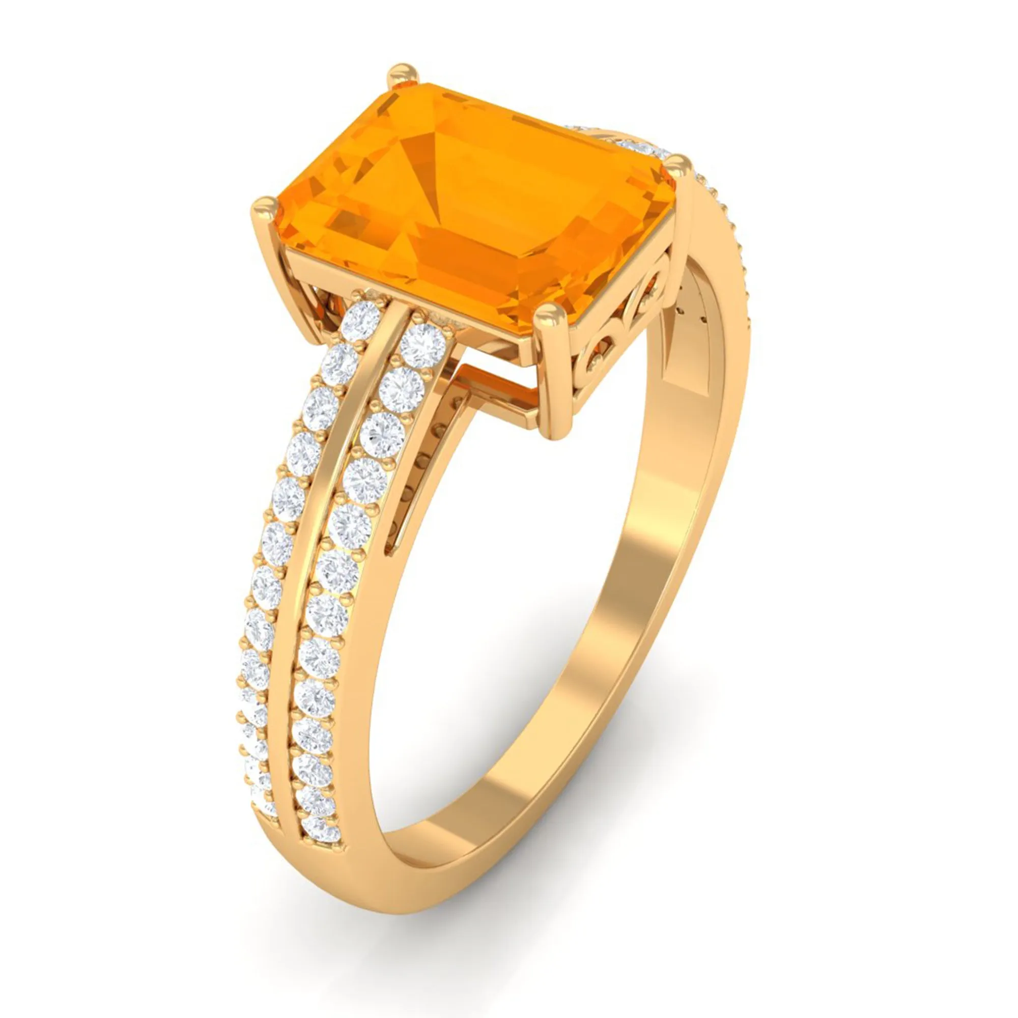 2 CT Emerald Cut Fire Opal and Diamond Side Stone Engagement Ring