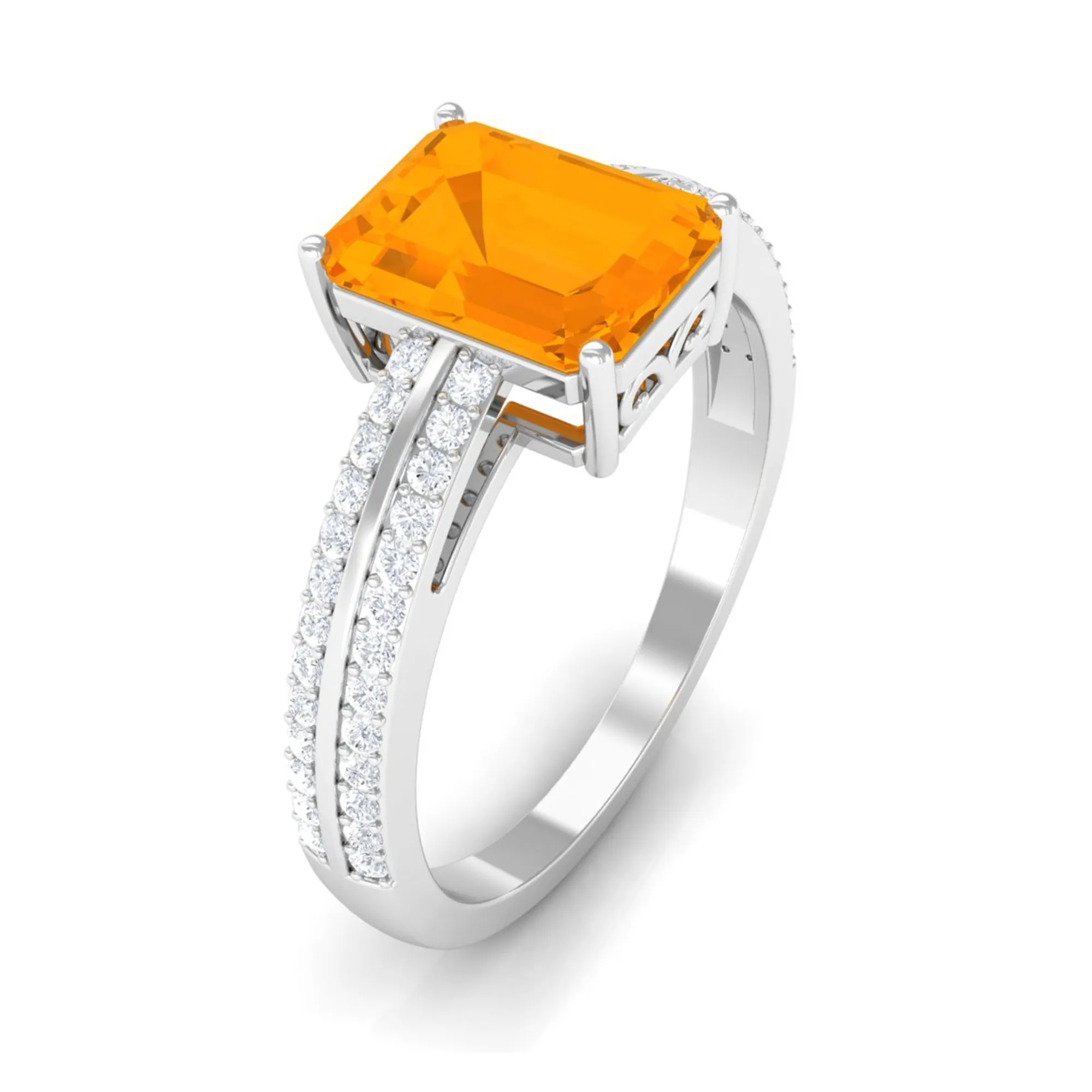2 CT Emerald Cut Fire Opal and Diamond Side Stone Engagement Ring