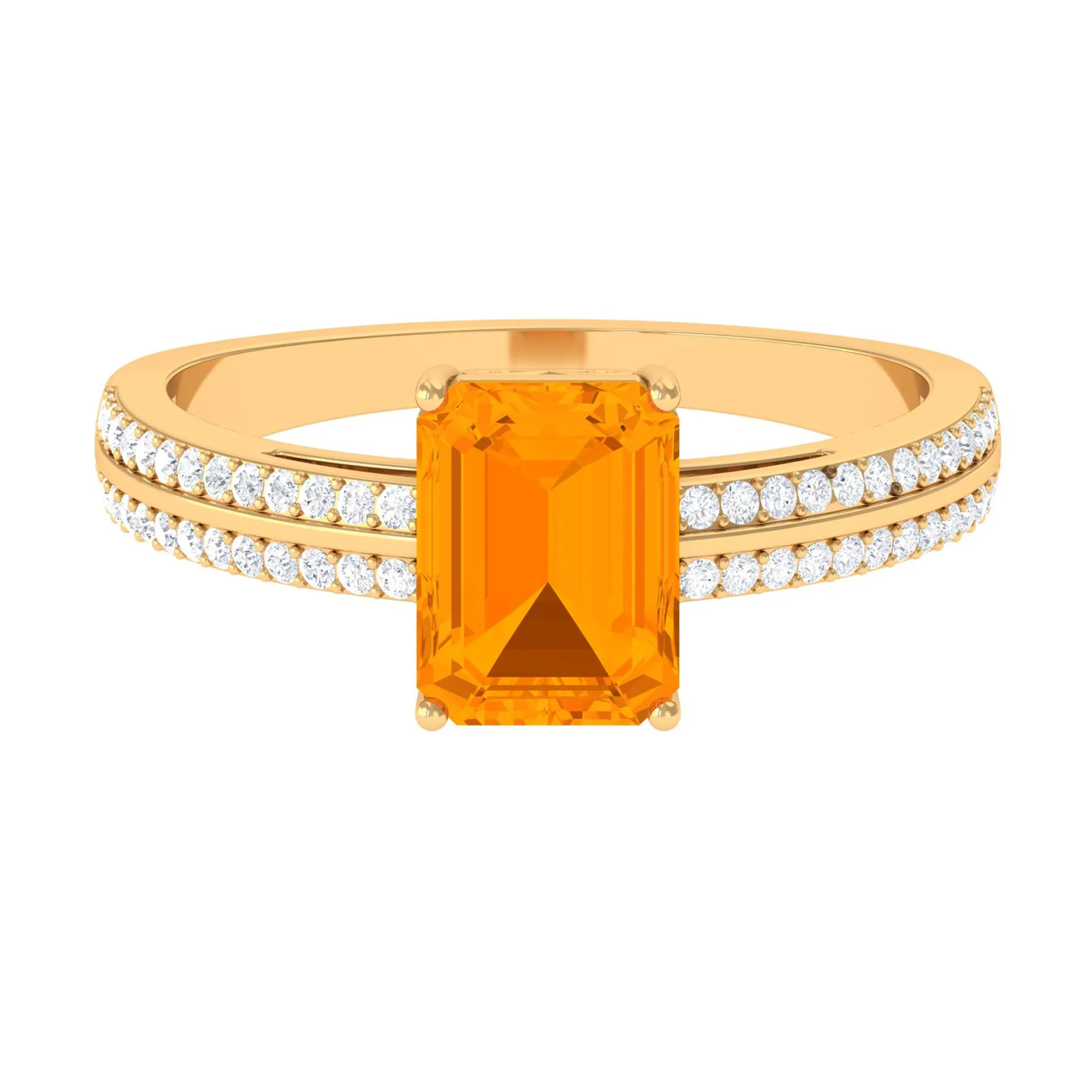 2 CT Emerald Cut Fire Opal and Diamond Side Stone Engagement Ring