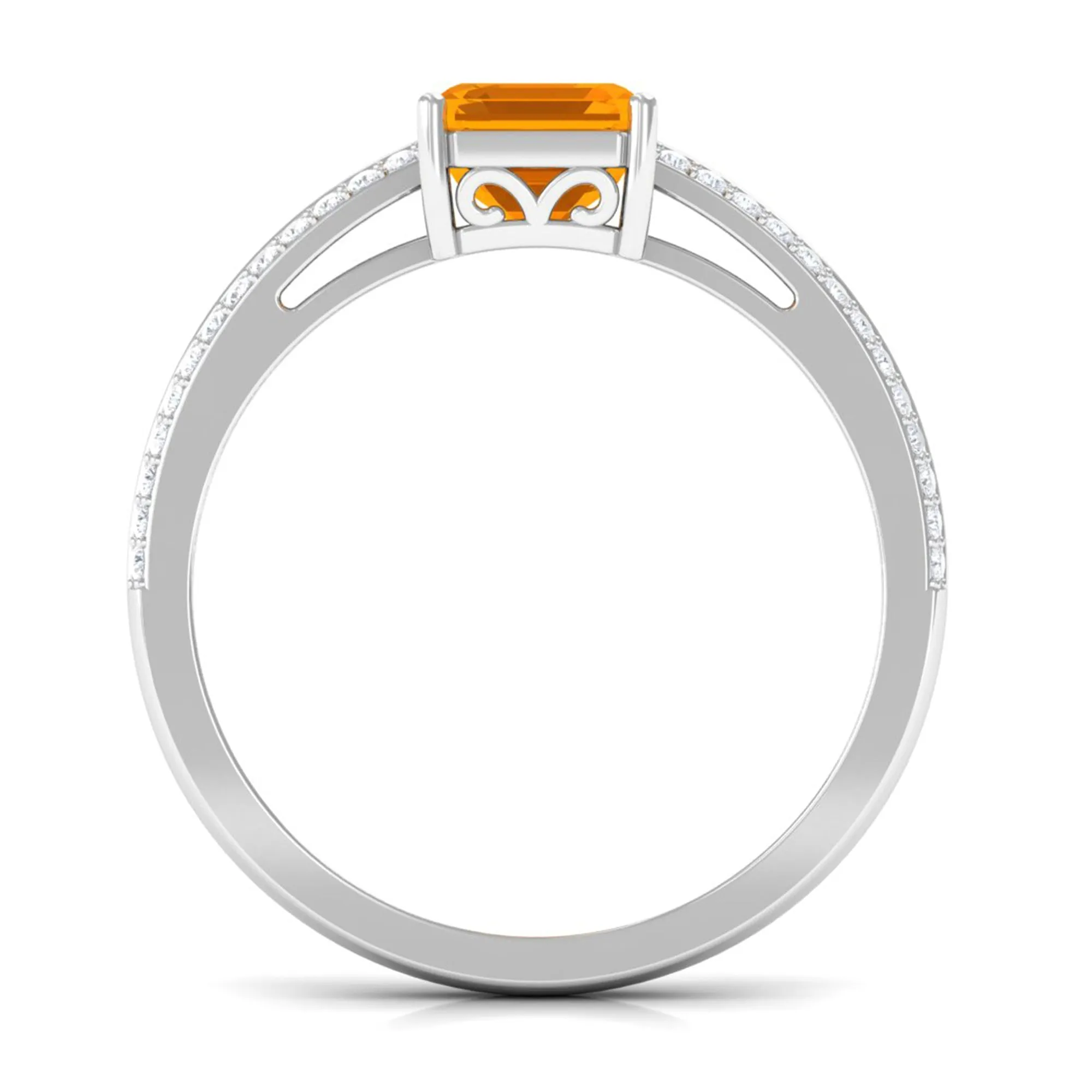 2 CT Emerald Cut Fire Opal and Diamond Side Stone Engagement Ring