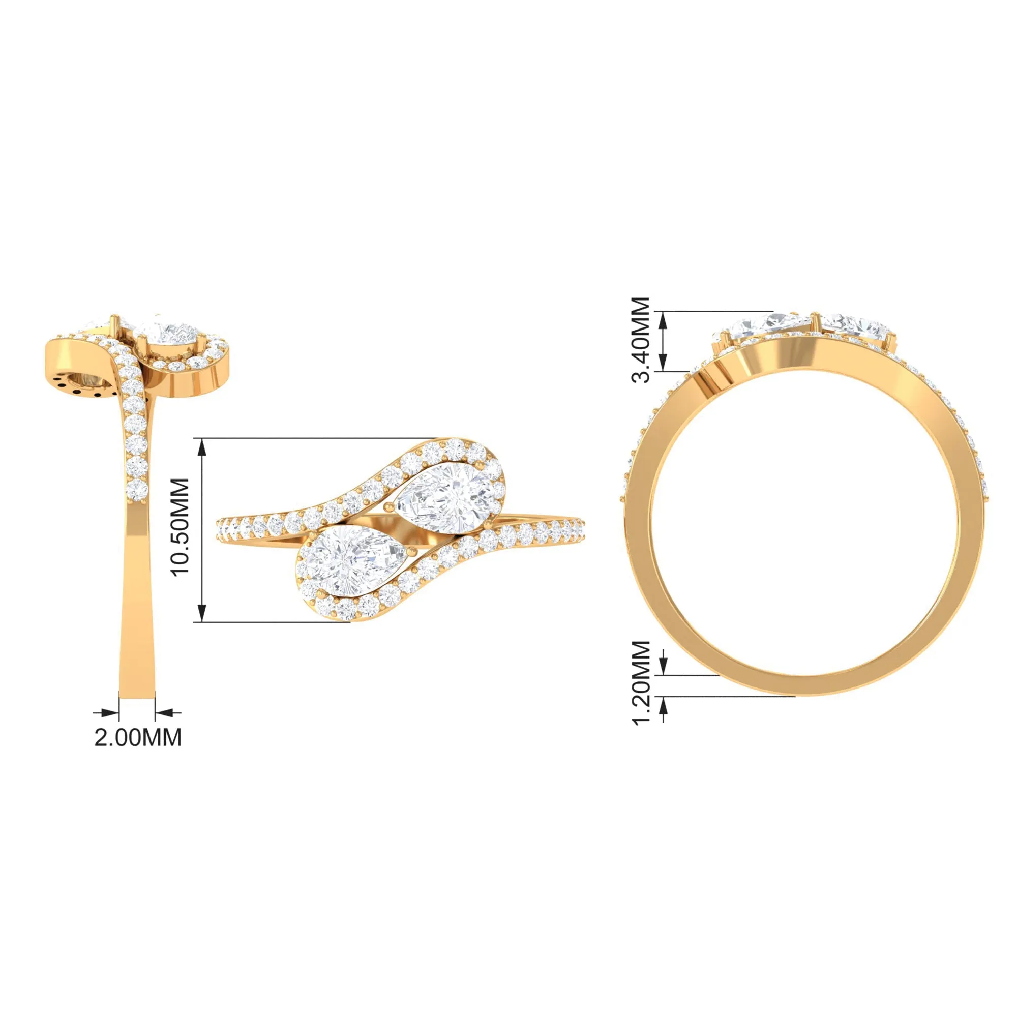 2.5 CT Pear Cut Two Stone Zircon Bypass Engagement Ring