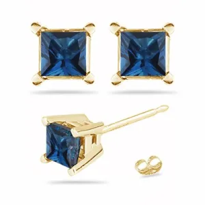2.55 Cts of 6x6 mm AA Princess London Blue Topaz Stud Earrings in 14K Yellow Gold