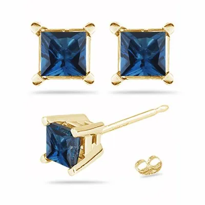 2.55 Cts of 6x6 mm AA Princess London Blue Topaz Stud Earrings in 14K Yellow Gold