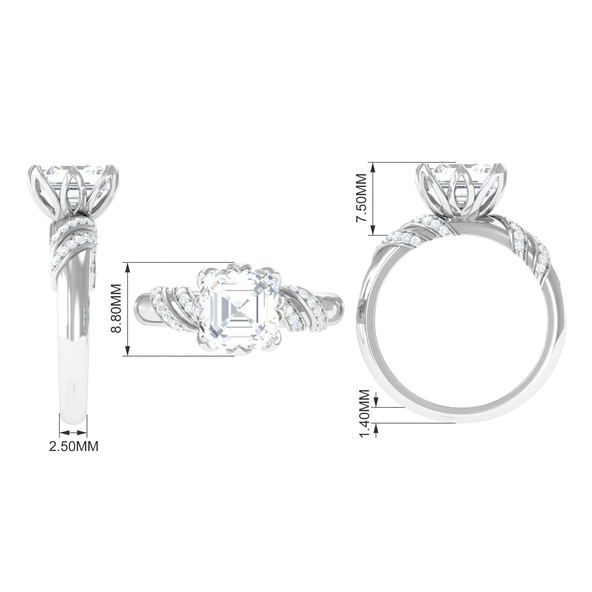 3.5 CT Asscher Zircon Designer Solitaire Engagement Ring in Petal Prong Setting