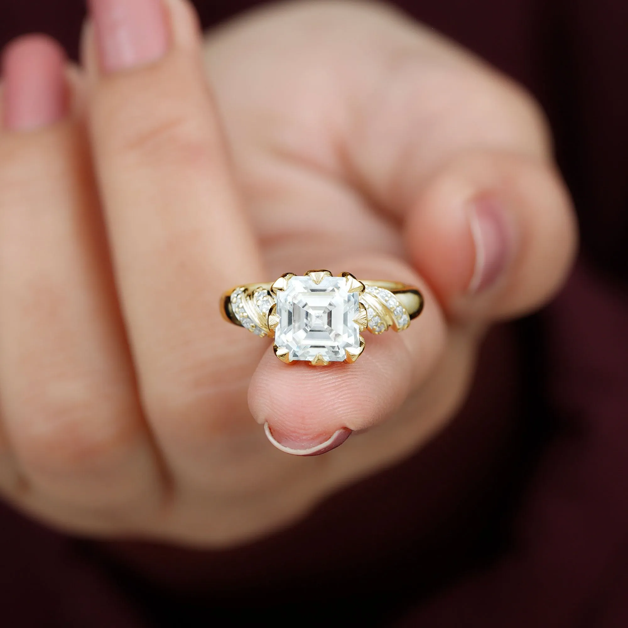 3.5 CT Asscher Zircon Designer Solitaire Engagement Ring in Petal Prong Setting