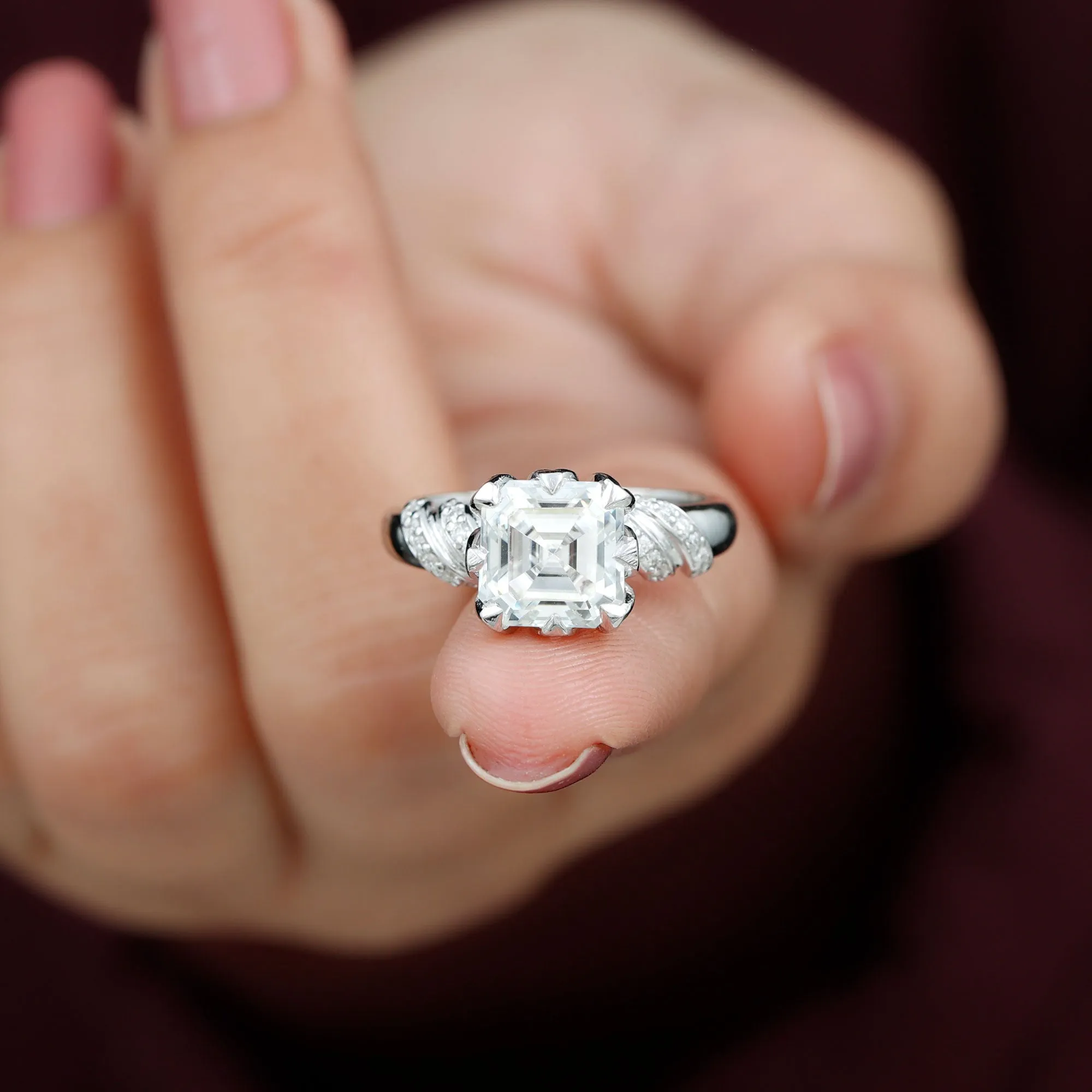 3.5 CT Asscher Zircon Designer Solitaire Engagement Ring in Petal Prong Setting