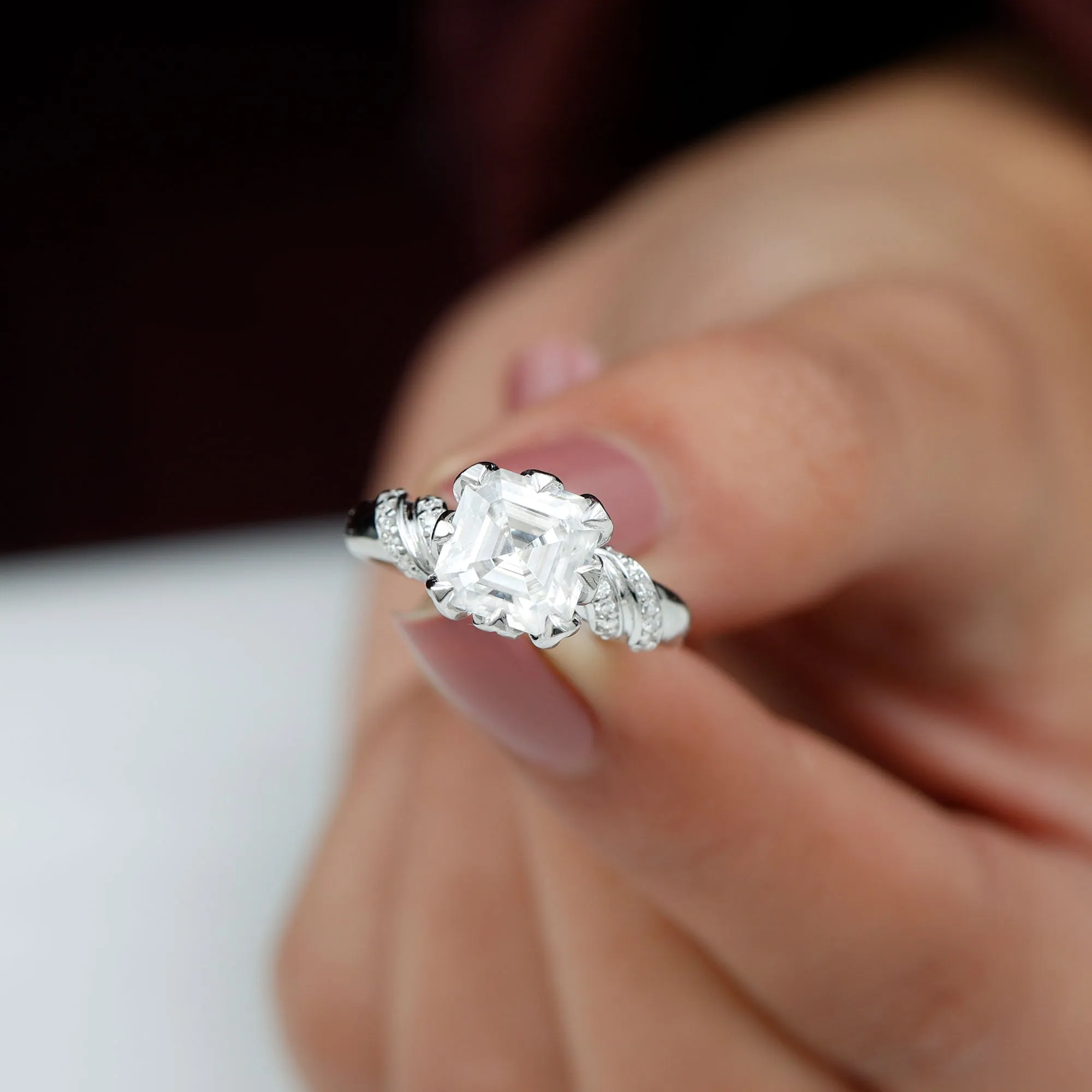 3.5 CT Asscher Zircon Designer Solitaire Engagement Ring in Petal Prong Setting