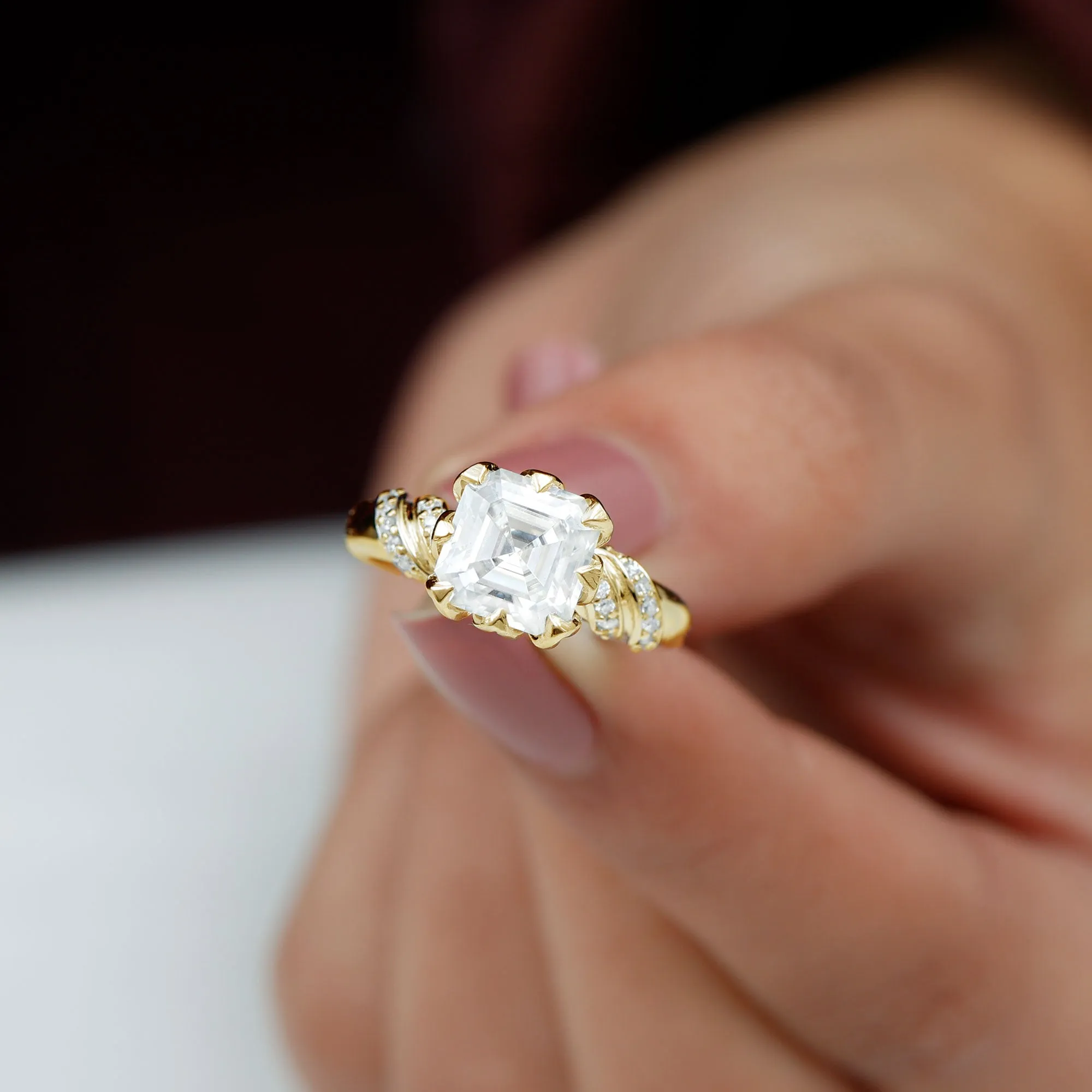 3.5 CT Asscher Zircon Designer Solitaire Engagement Ring in Petal Prong Setting