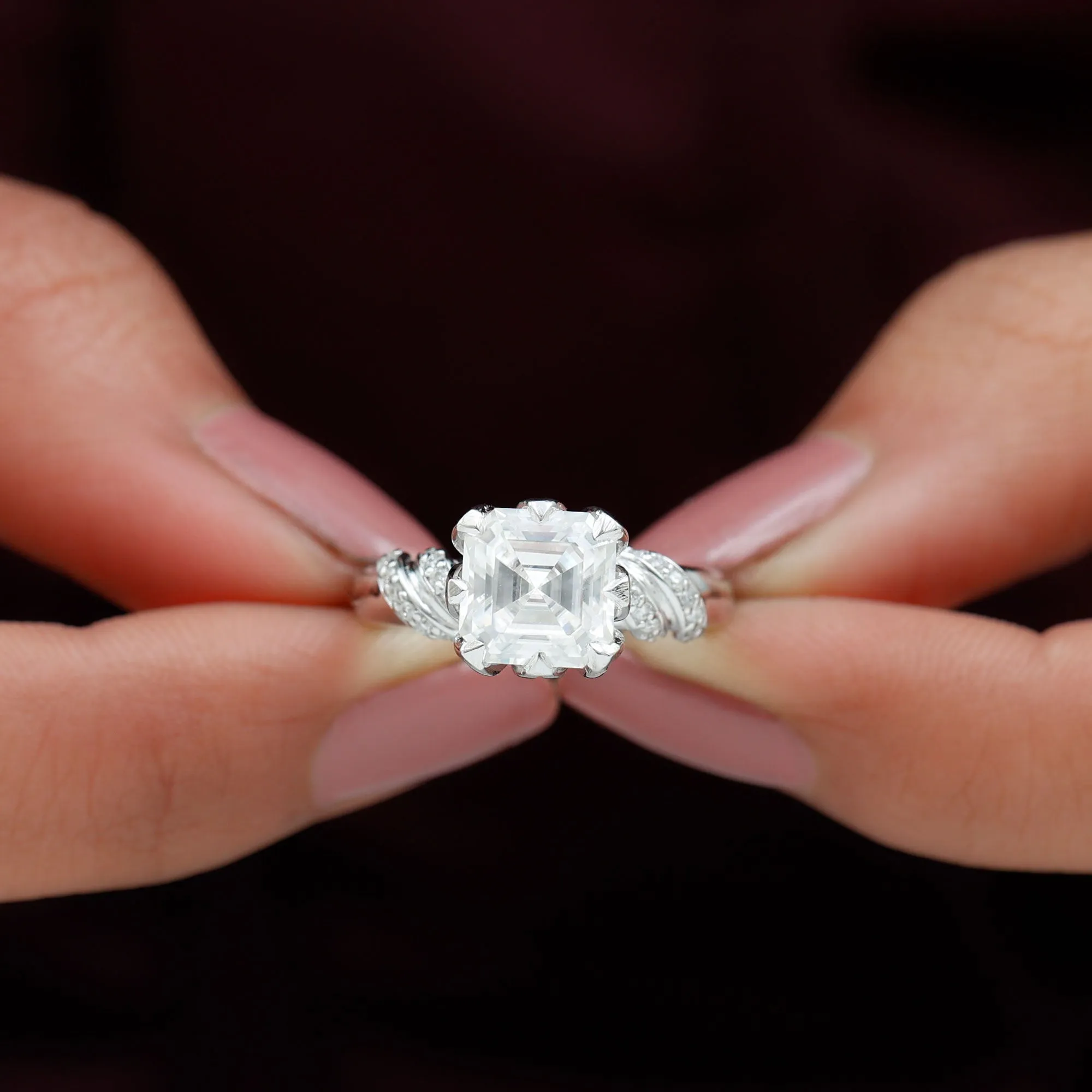 3.5 CT Asscher Zircon Designer Solitaire Engagement Ring in Petal Prong Setting