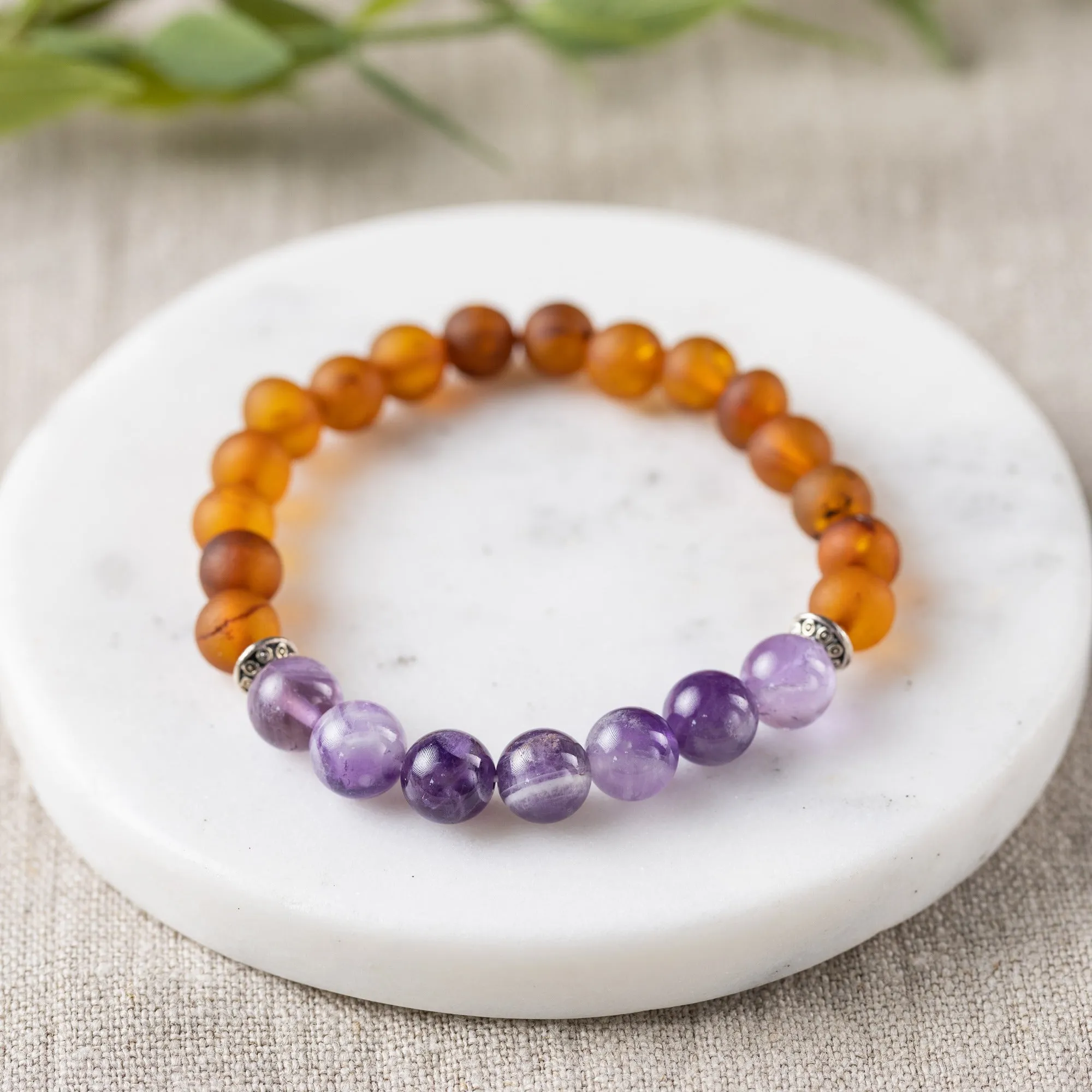 Adults | Amethyst   Raw Cognac Amber Bracelet