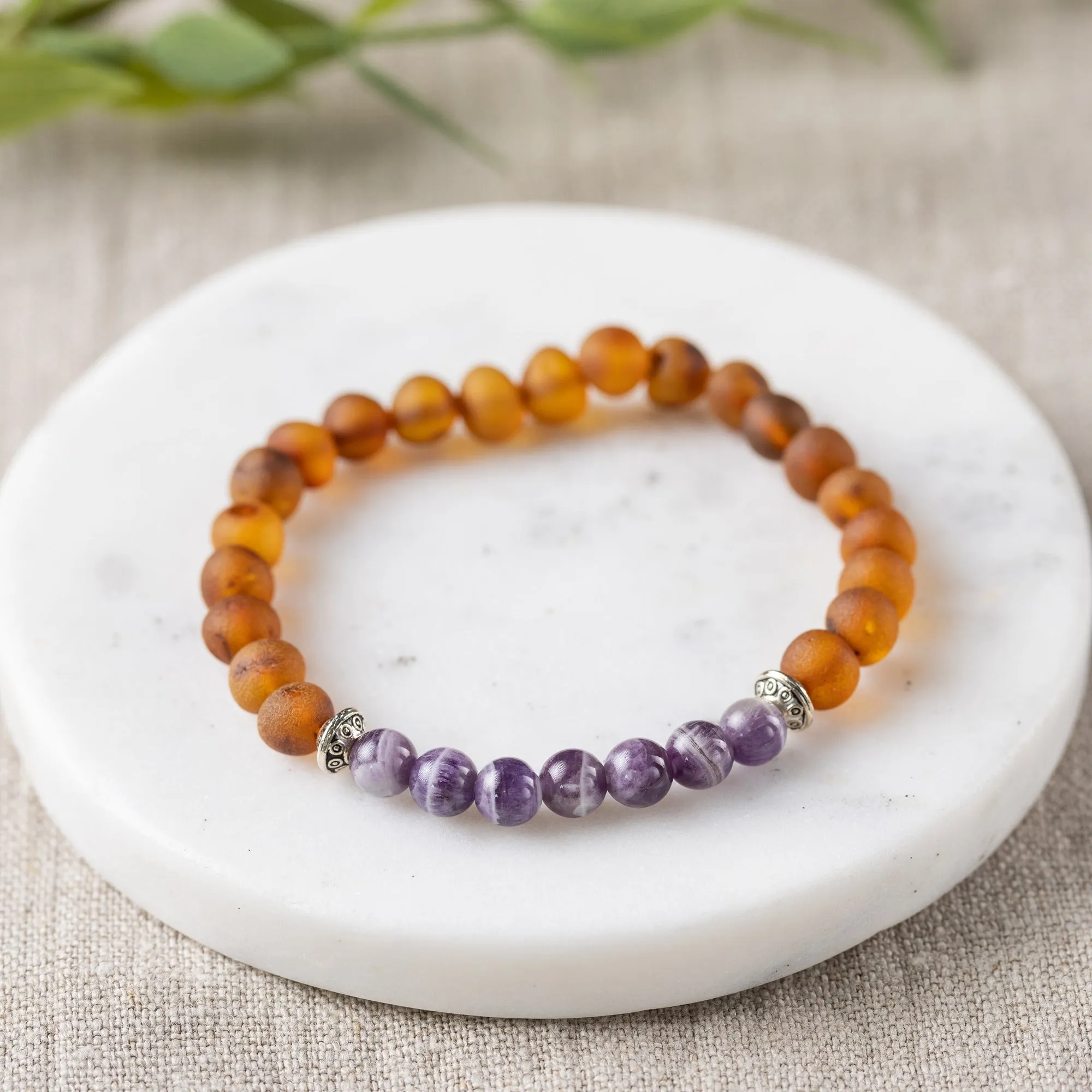 Adults | Amethyst   Raw Cognac Amber Bracelet