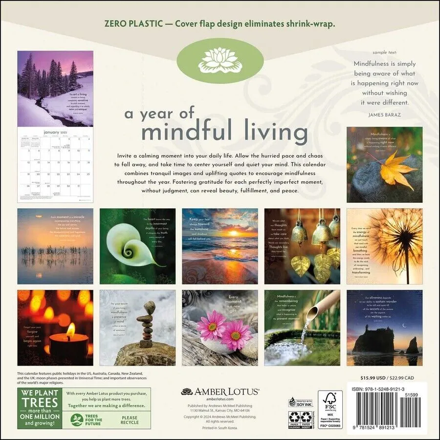 Amber Lotus A Year of Mindful Living 12x12 2025 Wall Calendar