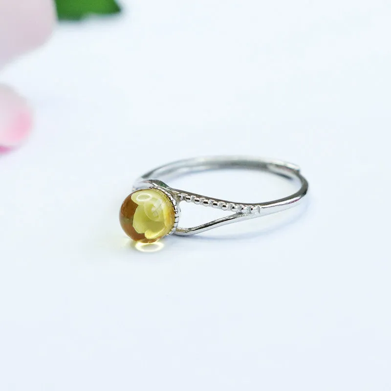 Amber Rose Sterling Silver Ring with Beeswax Amber Accent