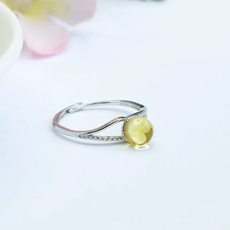 Amber Rose Sterling Silver Ring with Beeswax Amber Accent