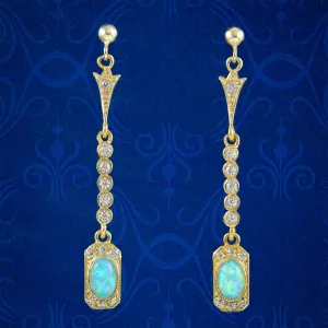 Art Deco Style Opal CZ Drop Earrings Silver 18ct Gold Gilt