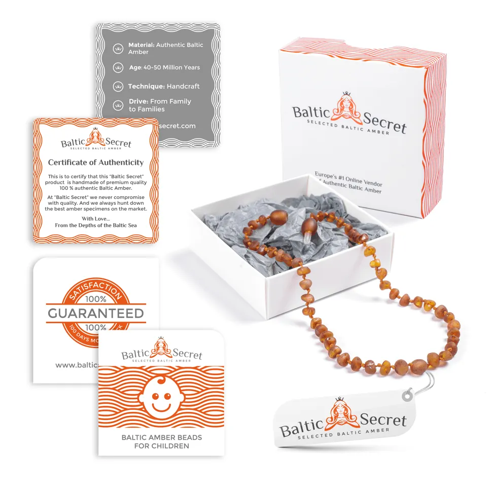 BALTIC AMBER TEETHING NECKLACE & BRACELET / COGNAC COLOUR / RAW UNPOLISHED / EXTRA EFFECTIVE