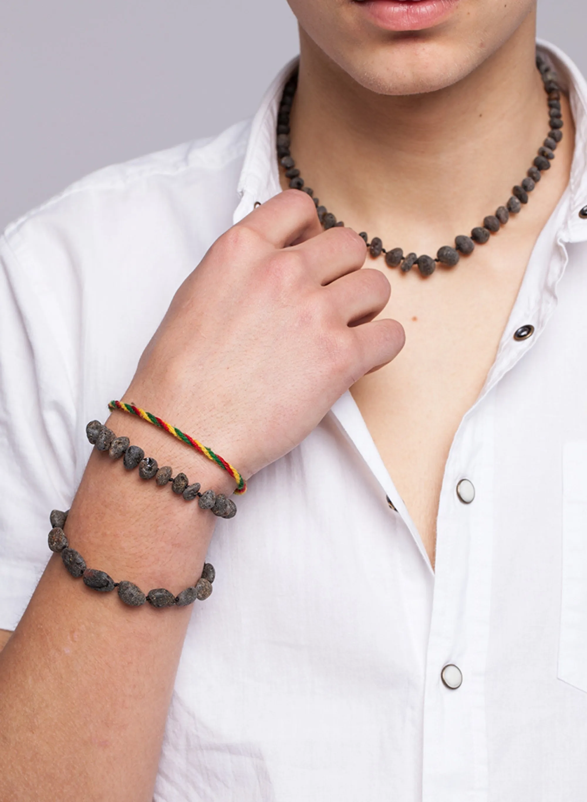 BALTIC BLACK AMBER NECKLACE & BRACELET -  RAW BEADS