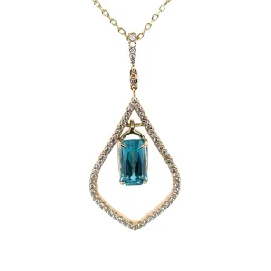 Blue Zircon & Diamond Organic Yellow Gold Pendant