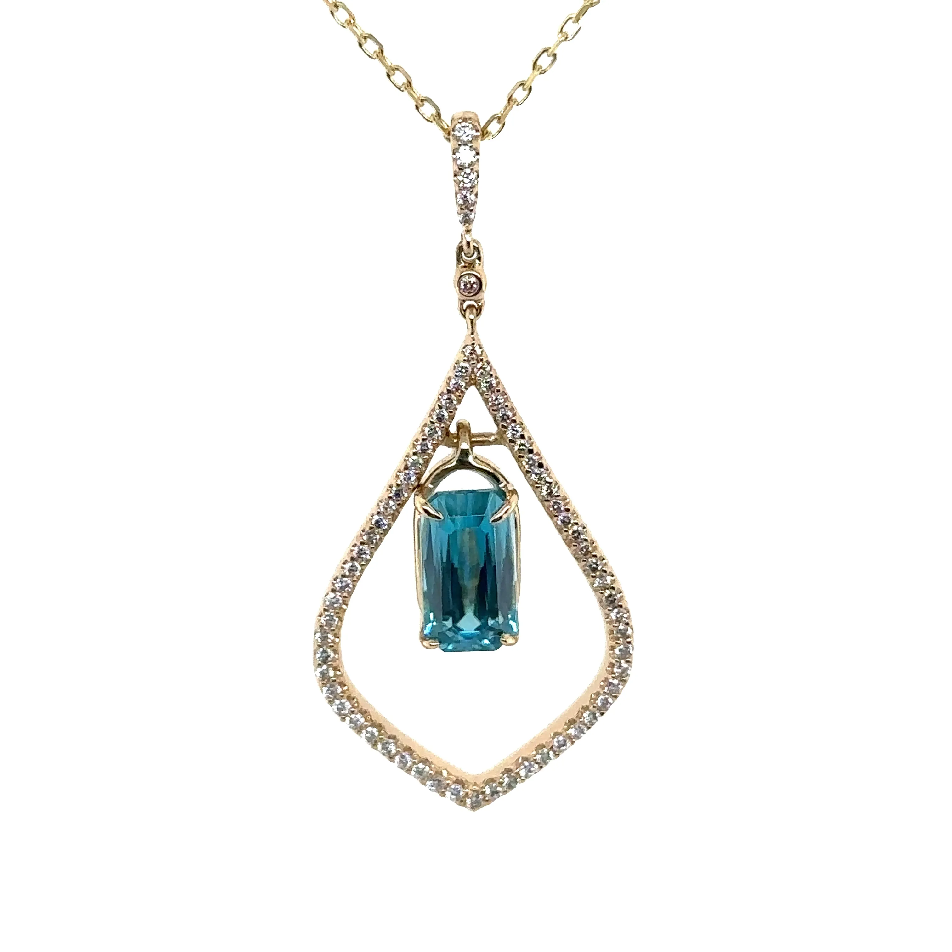 Blue Zircon & Diamond Organic Yellow Gold Pendant
