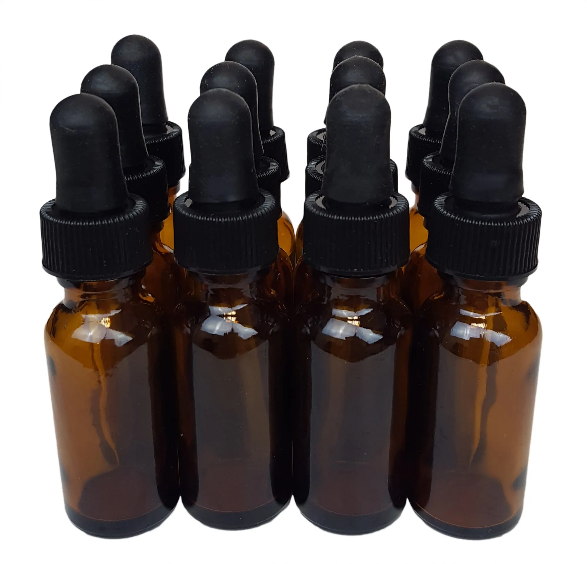 Bottle, Flint Glass, Amber Color, Boston Round, 1/2 ounce, with dropper assembly.  Pack 12.