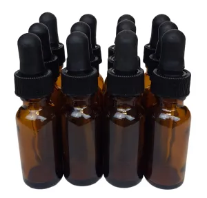 Bottle, Flint Glass, Amber Color, Boston Round, 1/2 ounce, with dropper assembly.  Pack 12.