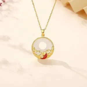 Buddha Stones 925 Sterling Silver Chalcedony Koi Fish Peace Buckle Ocean Waves Wealth Necklace Pendant
