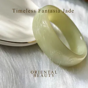 Certified greenish yellow finely carved budda and bamboo genuine nephrite jade bracelet bangle - inner diameter 55mm