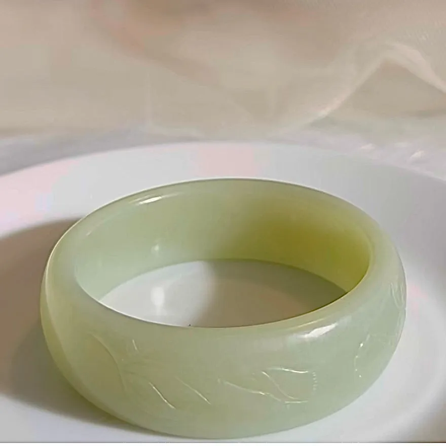 Certified greenish yellow finely carved budda and bamboo genuine nephrite jade bracelet bangle - inner diameter 55mm