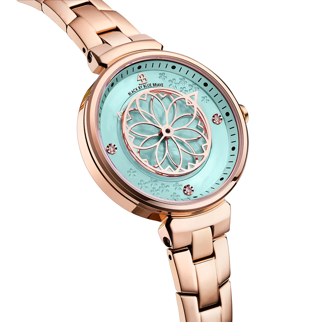 Cherry Blossom 32mm Blue Mother Of Pearl Dial Sakura Petal Hand Rose Gold Bracelet Watch