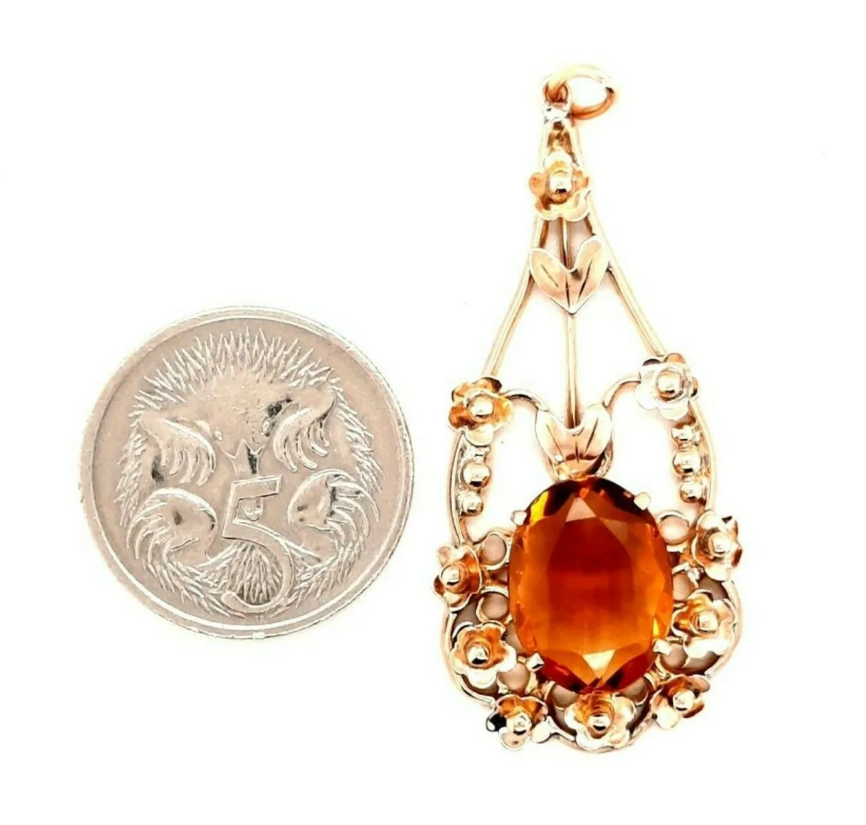 Citrine 9ct Yellow Gold Pendant with Floral Surround