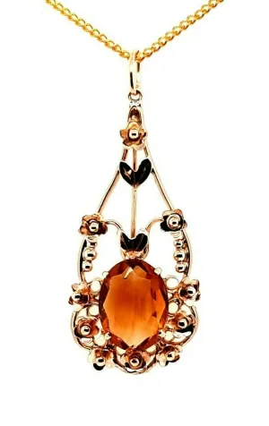 Citrine 9ct Yellow Gold Pendant with Floral Surround