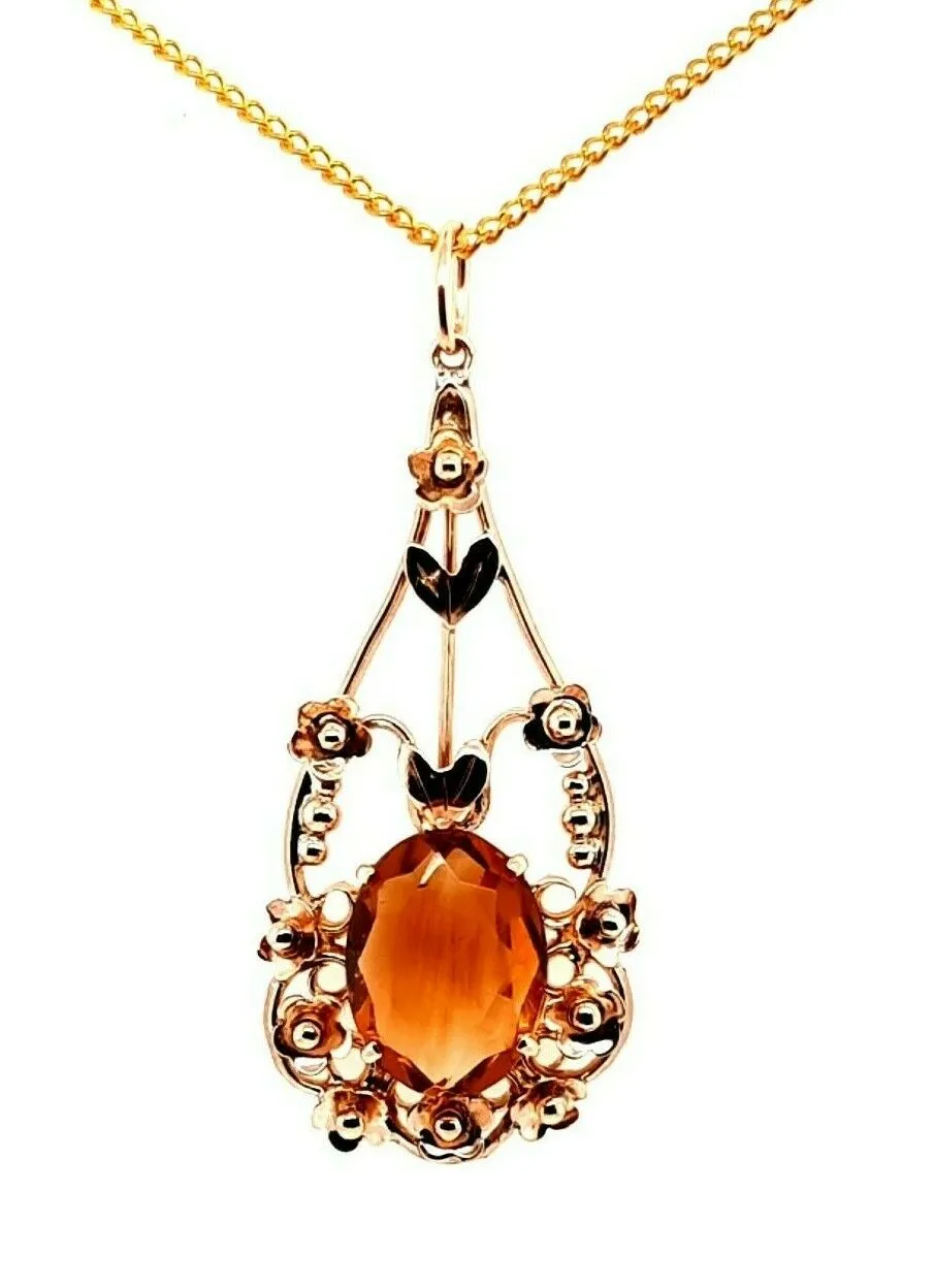 Citrine 9ct Yellow Gold Pendant with Floral Surround