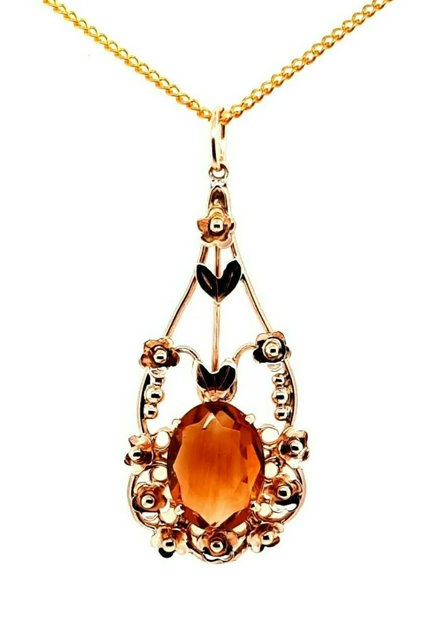 Citrine 9ct Yellow Gold Pendant with Floral Surround