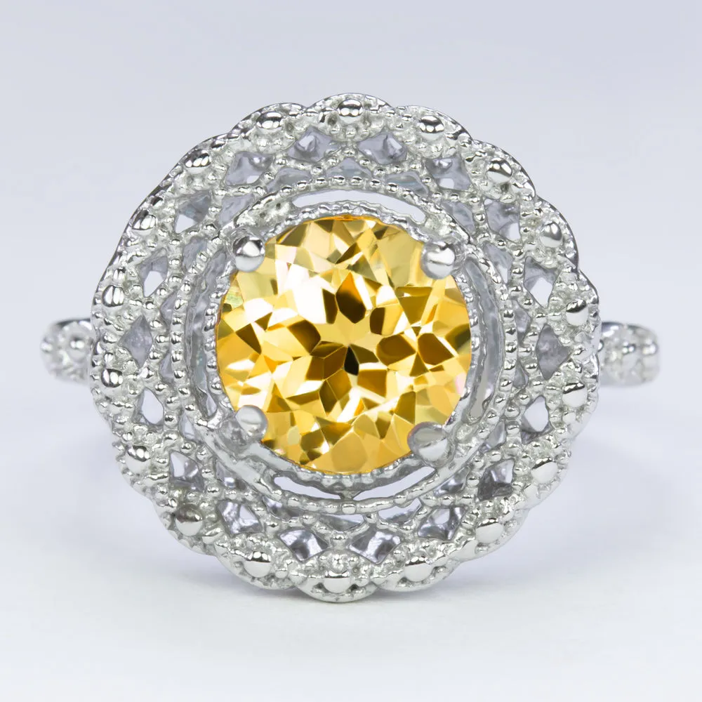 CITRINE STERLING SILVER RING VINTAGE STYLE FILIGREE HALO ROUND CUT ART DECO