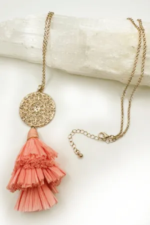 Coral Raffia Tassel Necklace