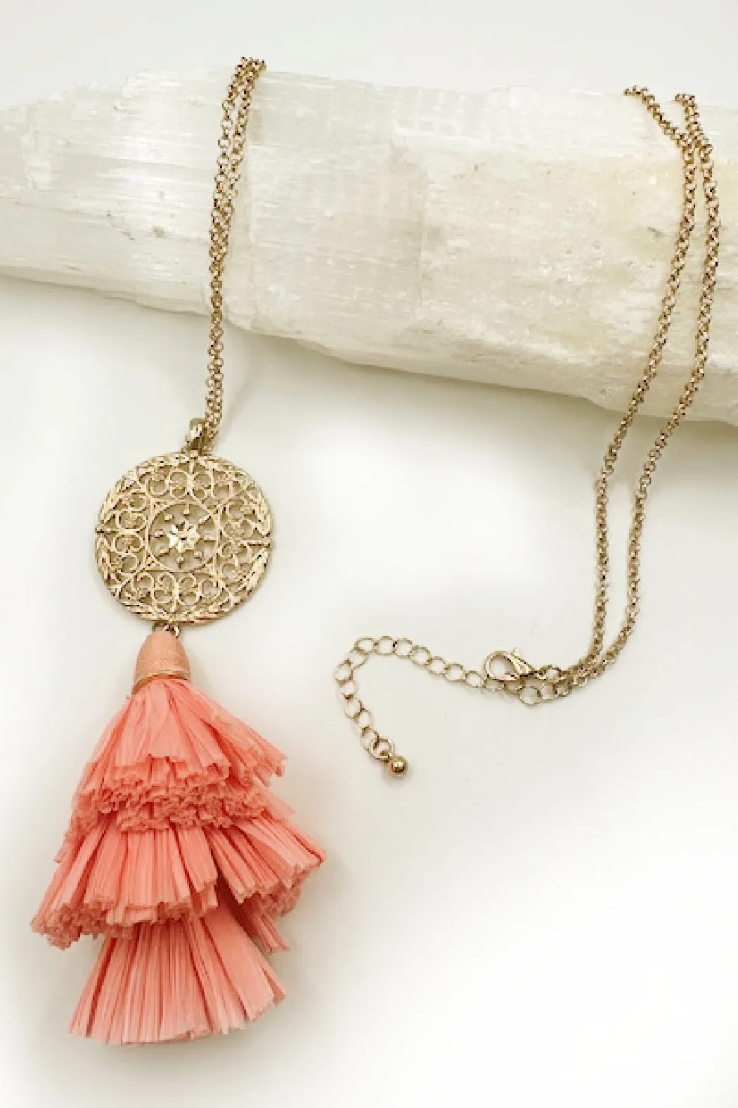 Coral Raffia Tassel Necklace