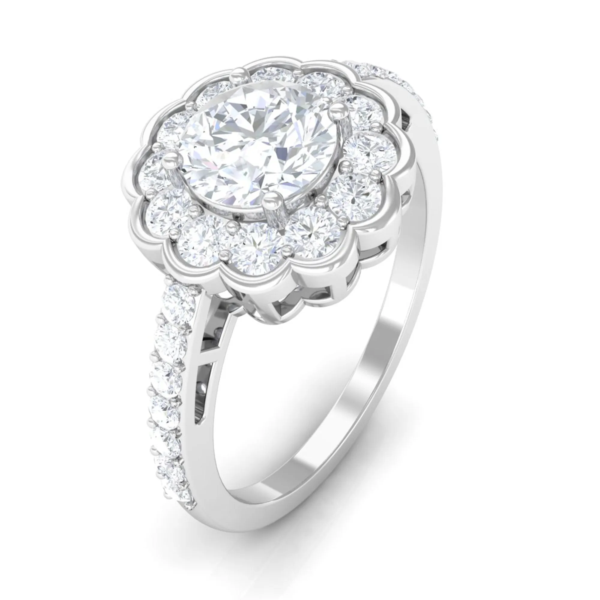Cubic Zirconia Flower Engagement Ring with Side Stones