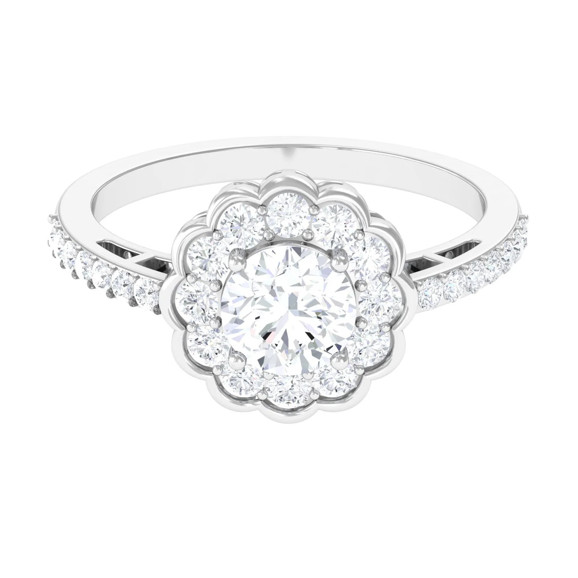 Cubic Zirconia Flower Engagement Ring with Side Stones